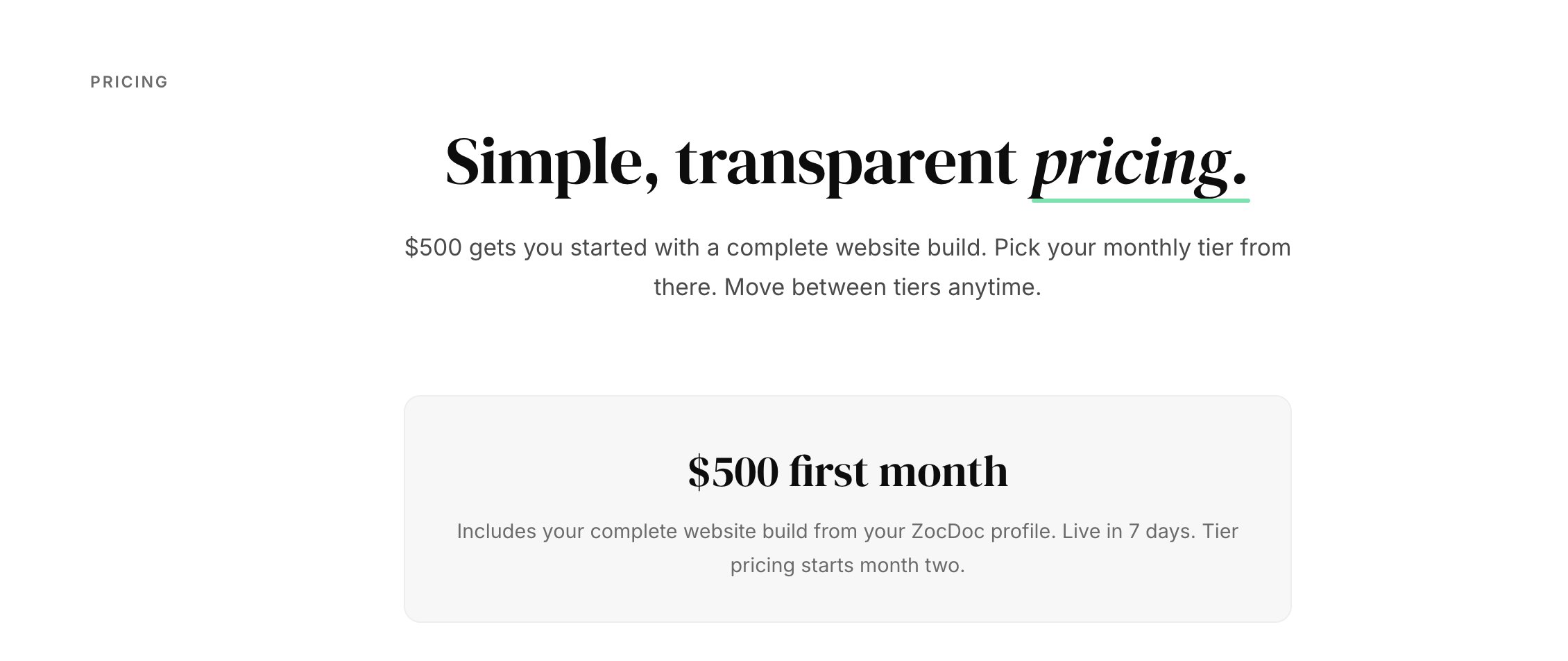 Original pricing section: $500 first month setup fee